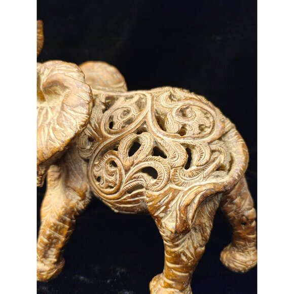 Hand-Carved Wooden Elephant Figurine With Intricate Floral Detailing Decorative - Picture 4 of 12